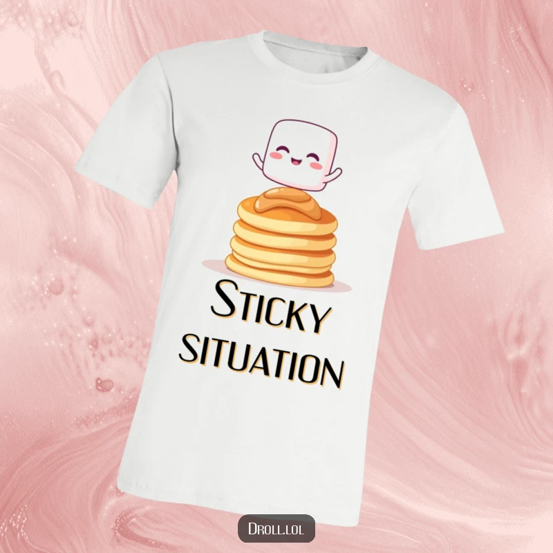 Funny t-shirt with a giggling marshmallow character balancing on pancakes, great for casual wear and breakfast lovers.
