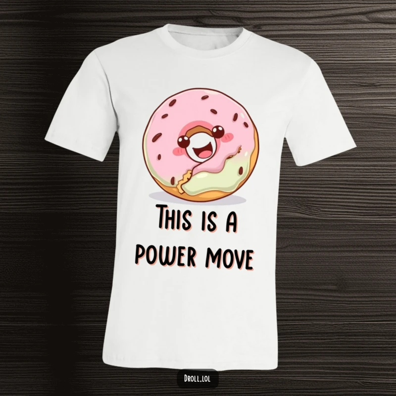 Funny t-shirt featuring a happy donut trying to eat a cookie, showcasing a whimsical and humorous design.