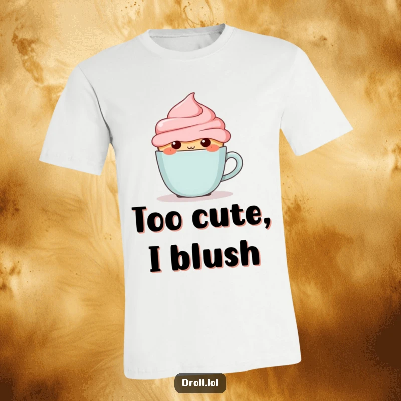 Funny blushing cupcake peeking from behind a tiny coffee cup, printed on a cute and humorous graphic t-shirt.