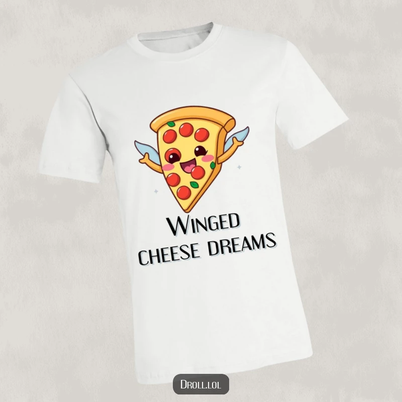 Funny happy pizza slice with pepperoni wings flying through the air, printed on a t-shirt, depicting a whimsical and delicious character.