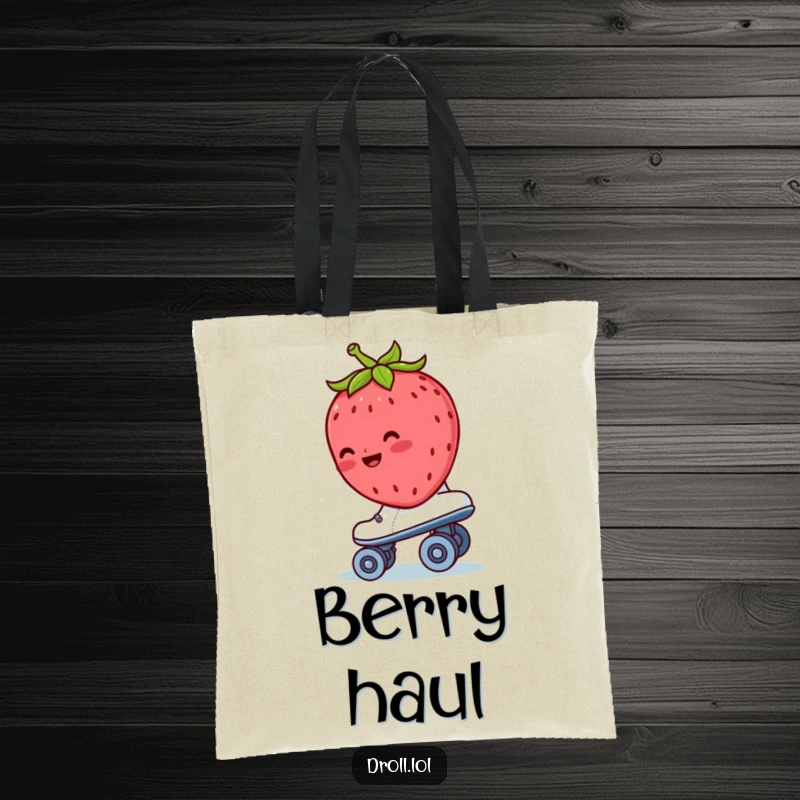Funny strawberry tote bag showing a blushing strawberry riding backwards on a roller skate, perfect for stylish errands.