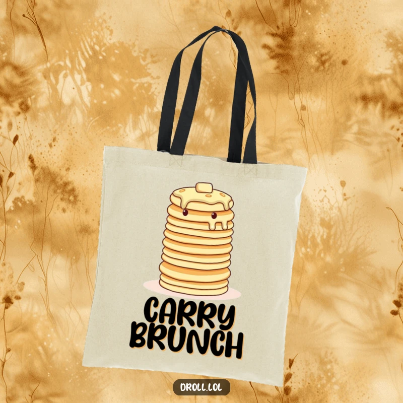 Funny wobbly pancake tote bag, practical and charming, showing a stack of pancakes attempting a balancing act.