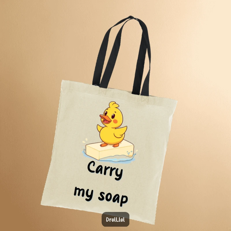 Funny determined rubber duck surfing a giant bar of soap design on a tote bag, a humorous and practical accessory for bath toy fans.