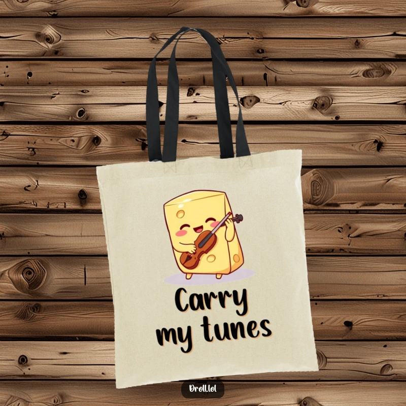 Funny smiling cheese wedge playing a tiny violin design on a tote bag, a humorous and practical accessory for music and cheese lovers.