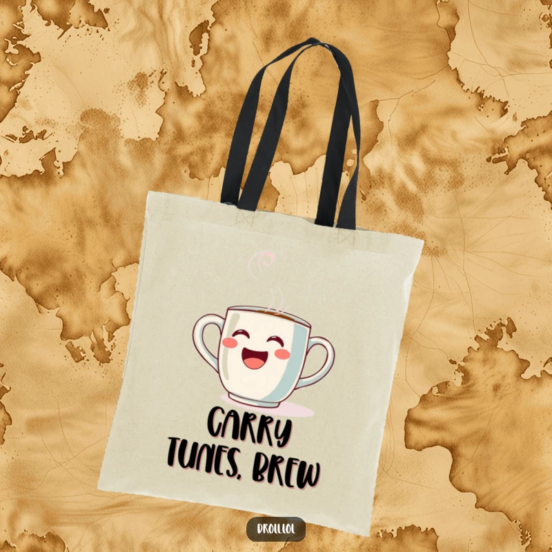 Funny Opera Mug Tote Bag: A coffee mug with steam appears to be singing opera, depicted on a functional and fashionable tote.