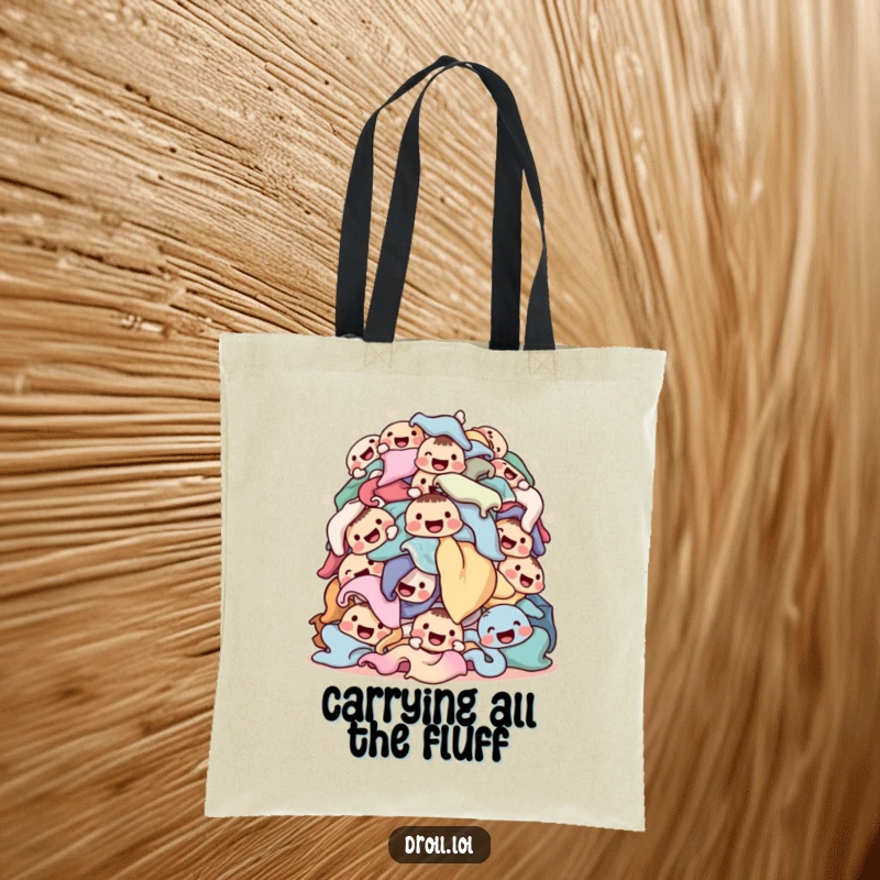 Funny laundry tote bag showcasing a tumbling pile of happy-faced clothes, perfect for carrying essentials with a cheerful, humorous vibe.