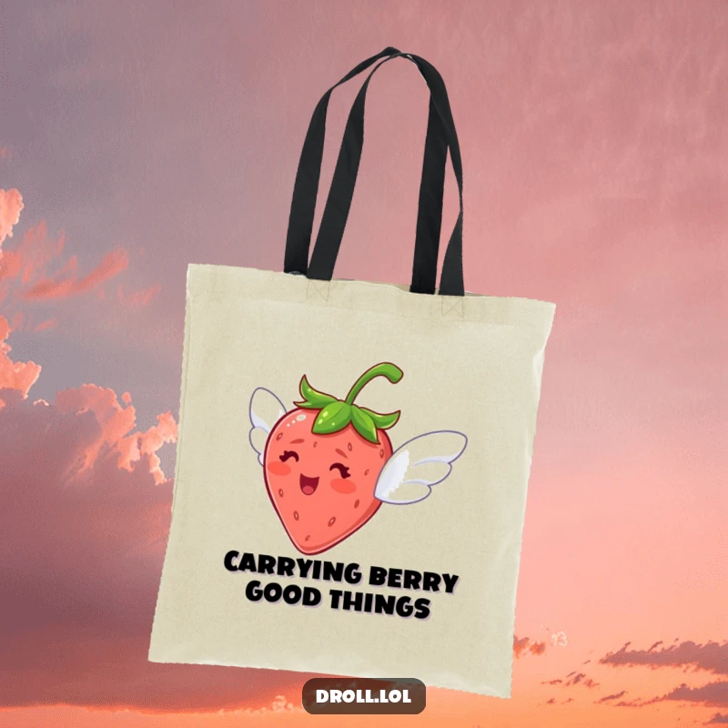 Funny tote bag with a delighted strawberry sporting tiny wings, attempting to fly, perfect for everyday use.