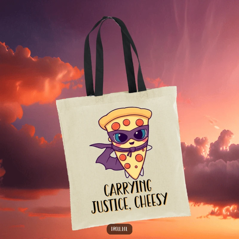Funny pizza slice in a superhero cape and mask, ready for action on a durable tote bag.