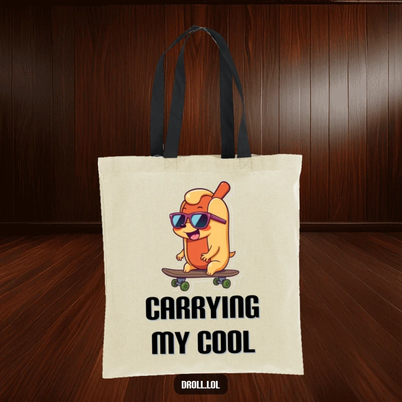 Funny happy, wiggling hot dog wearing sunglasses, riding a skateboard, printed on a durable tote bag.