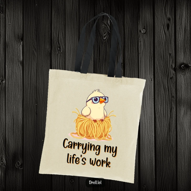 Funny tote bag showing a bird with glasses humorously attempting to build a nest out of large, unruly spaghetti.