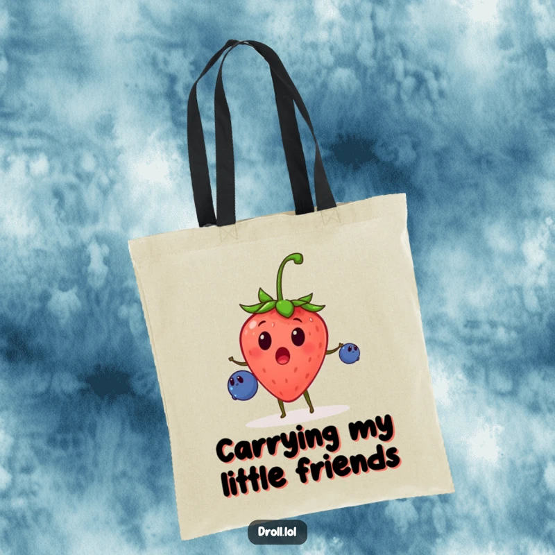 Funny tote bag illustrating a surprised strawberry juggling small blueberries, ideal for carrying essentials with a dose of animated humor.