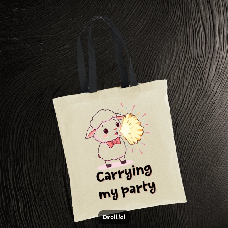 Funny tote bag showing a sheep in a bowtie surprised by a giant, exploding party popper.