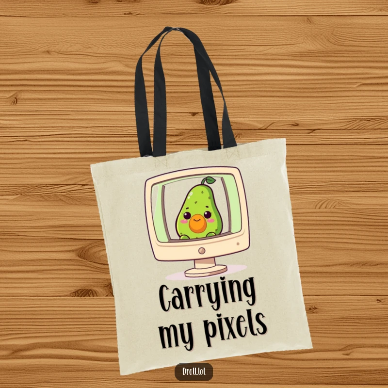 Funny tote bag showing a curious avocado peeking from a giant computer screen, a humorous and practical accessory.