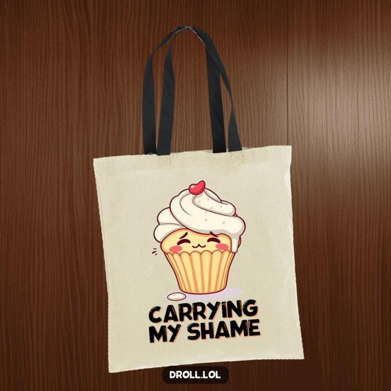 Funny embarrassed cupcake character blushing with frosting dripping down its side on a tote bag.