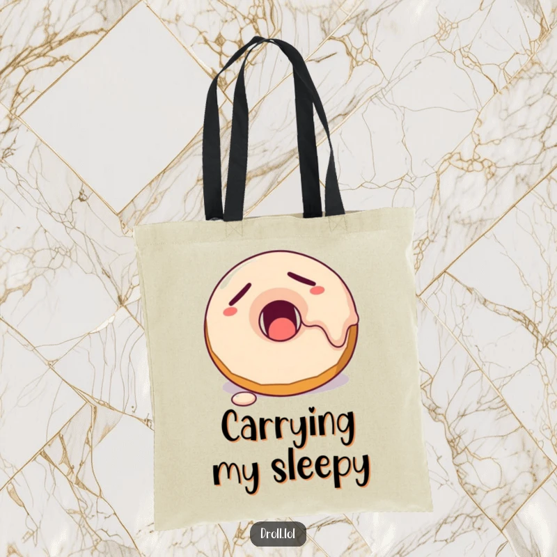 Funny sleepy donut with melting frosting yawning, featured on a durable and humorous tote bag.