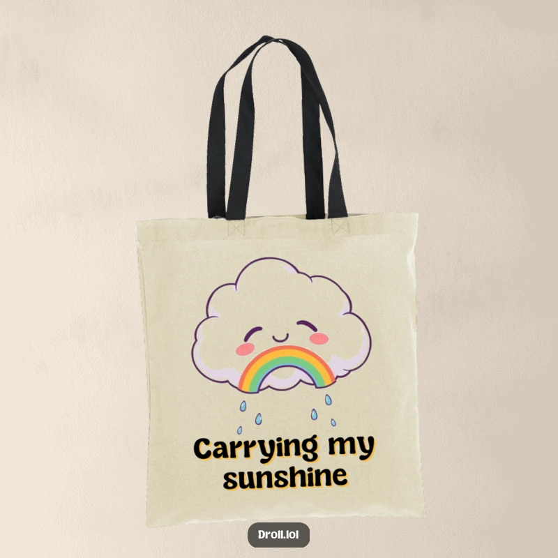 Funny tote bag illustrating a fluffy cloud shedding tears of joy and creating a rainbow, ideal for carrying essentials with whimsical charm.