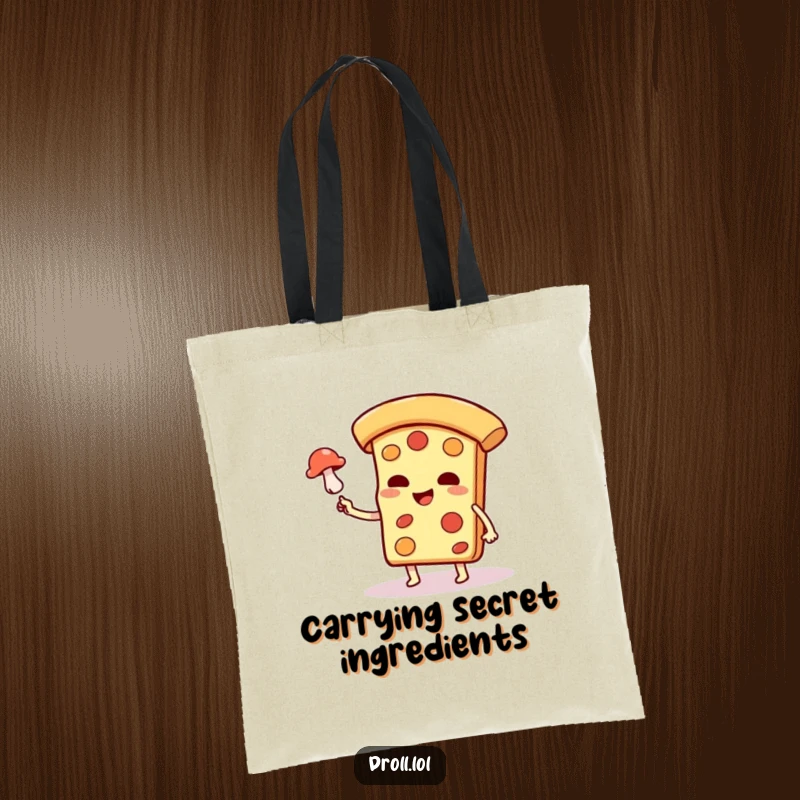 Funny pizza slice character on a tote bag, performing a magic levitation trick with a mushroom, whimsical design.