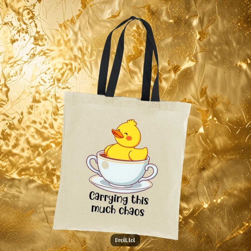 Funny rubber duck adrift in a giant teacup, a humorous tote bag design for everyday use.