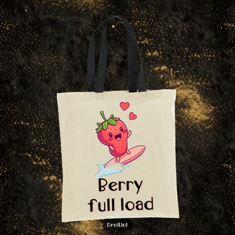 Funny tote bag print: a cheerful strawberry surfs a runaway blueberry, depicting a comical and dynamic fruit adventure.
