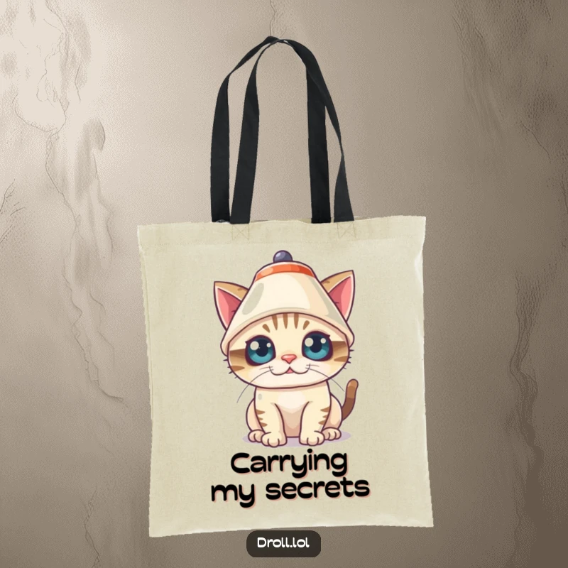 Funny Tote Bag featuring a mischievous cat comically wearing a lampshade as a hat with wide, surprised eyes.