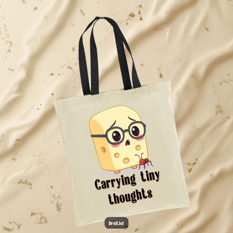 Funny cheese character in spectacles, observing a small ant, printed on a tote bag for a humorous and practical carry-all.
