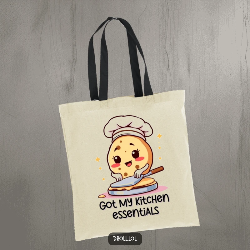Funny tote bag featuring a determined cookie wearing a chef hat, flipping pancakes, a culinary delight.
