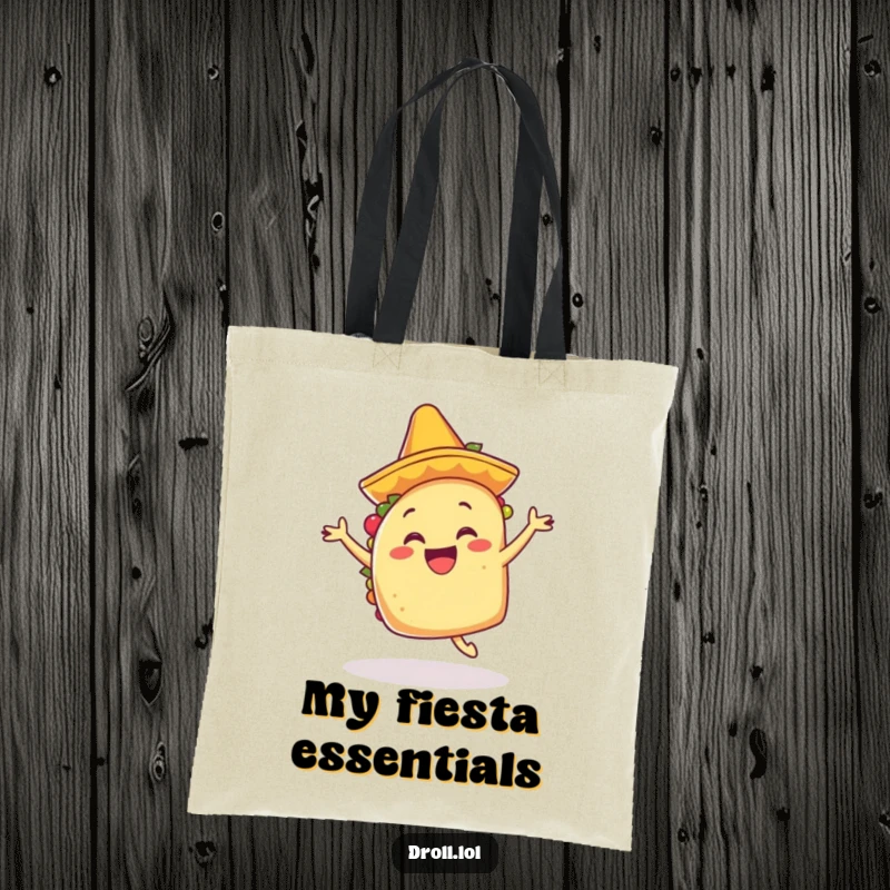 Funny happy taco in a tiny mariachi hat, dancing with excitement, printed on a durable tote bag.