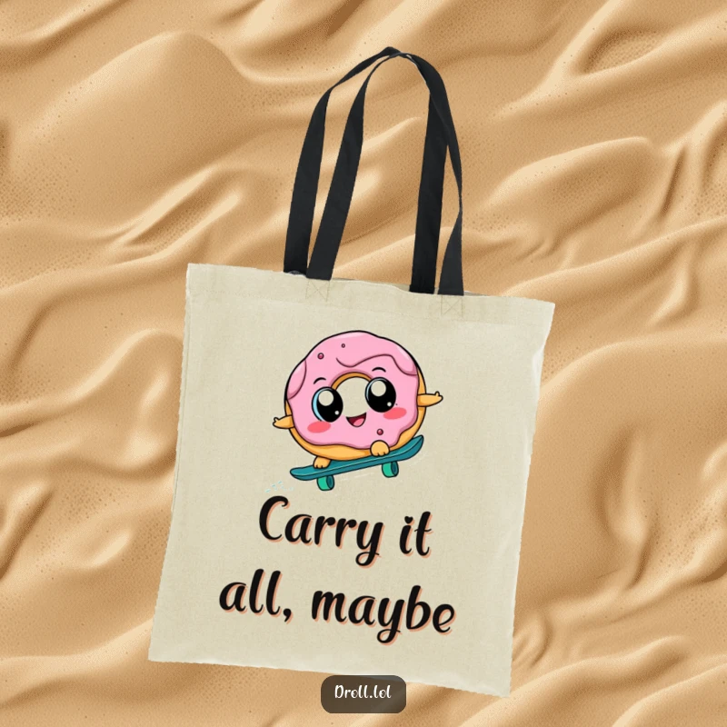 Funny donut with big eyes on a skateboard, riding downhill with a cheerful expression, perfect for stylish and humorous grocery shopping.