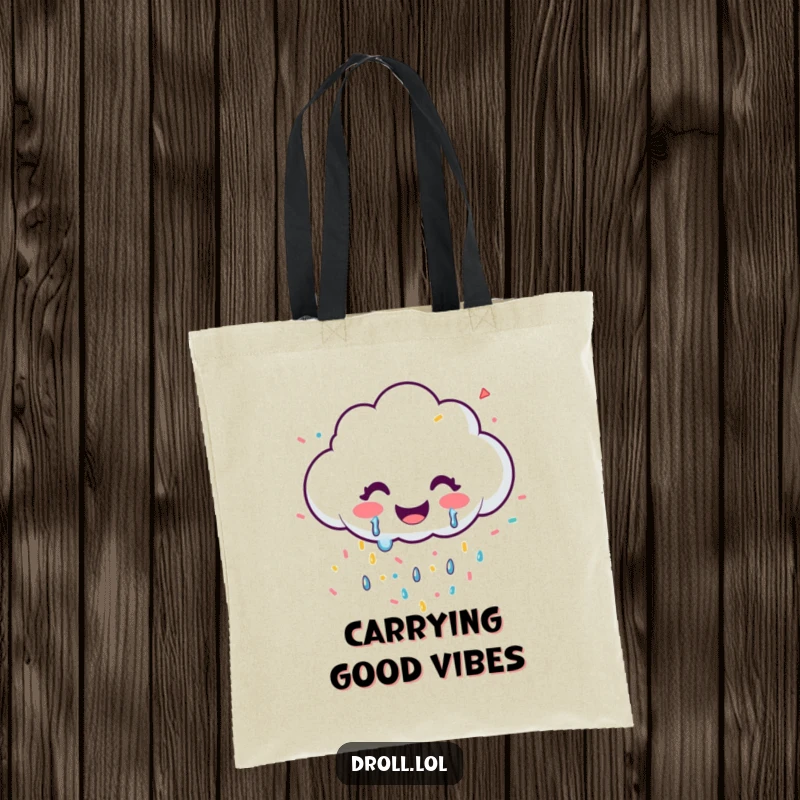 Funny tote bag with a smiling cloud crying colorful confetti, ideal for carrying festive essentials.