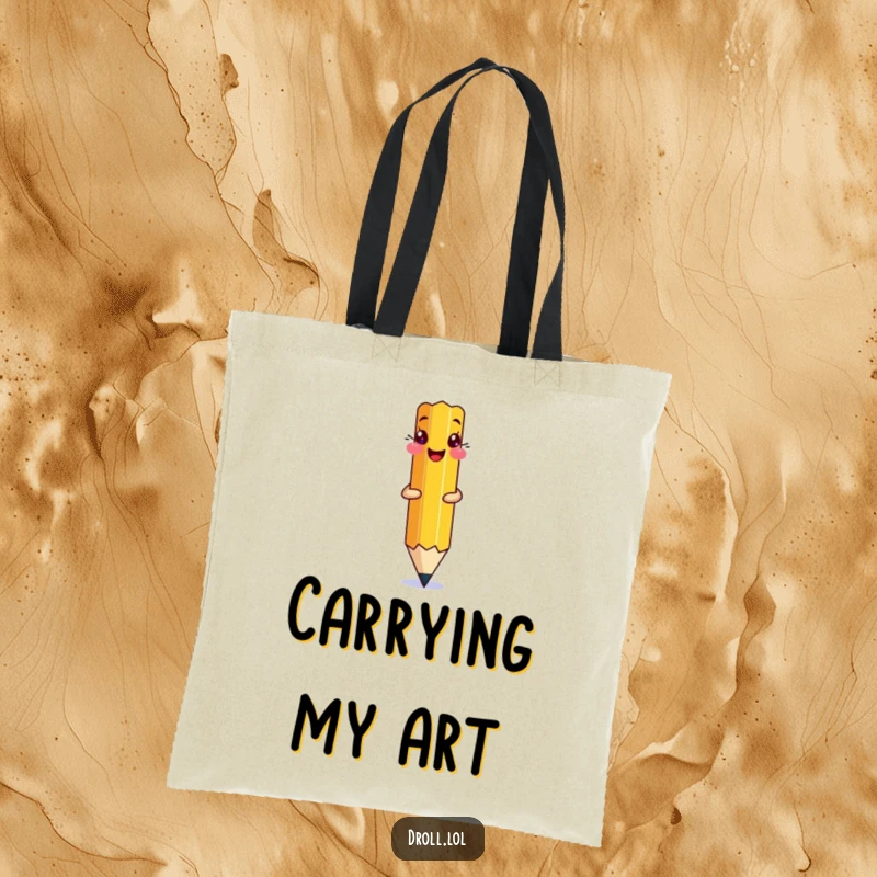 Funny Pencil Drawing Tote Bag: A pencil drawing itself onto the page, perfect for carrying art supplies.