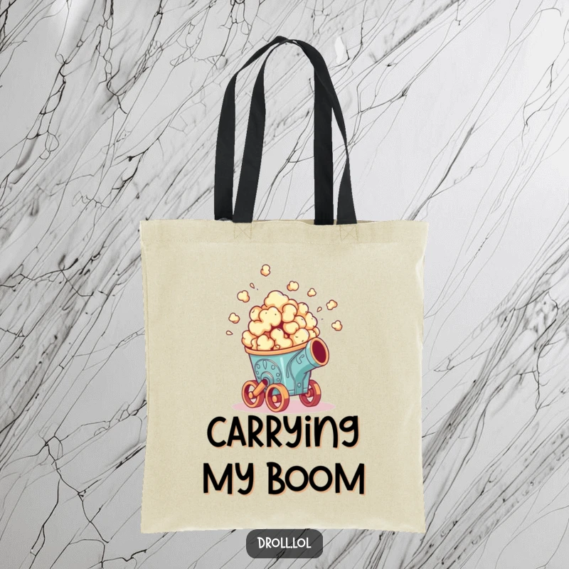 Funny tote bag: Popcorn launching from a tiny, ornate cannon, indicating a fun and explosive way to carry items.