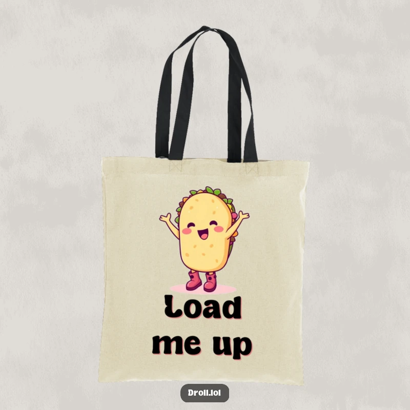 Funny tote bag with a happy taco character wearing boots and dancing silly, ideal for shopping and events.