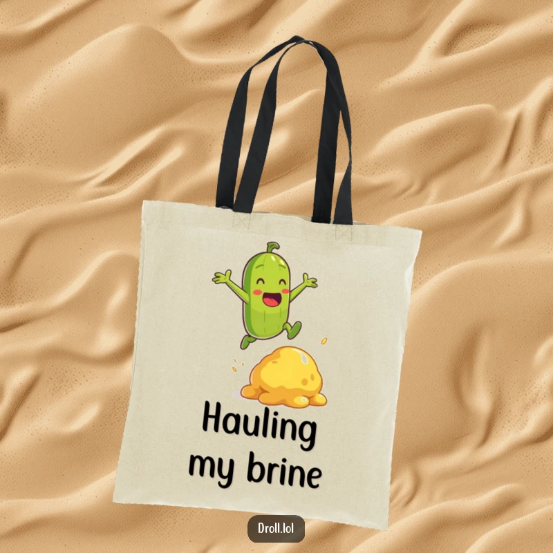 Funny energetic pickle character jumping over a mustard blob on a tote bag, ready for adventure.