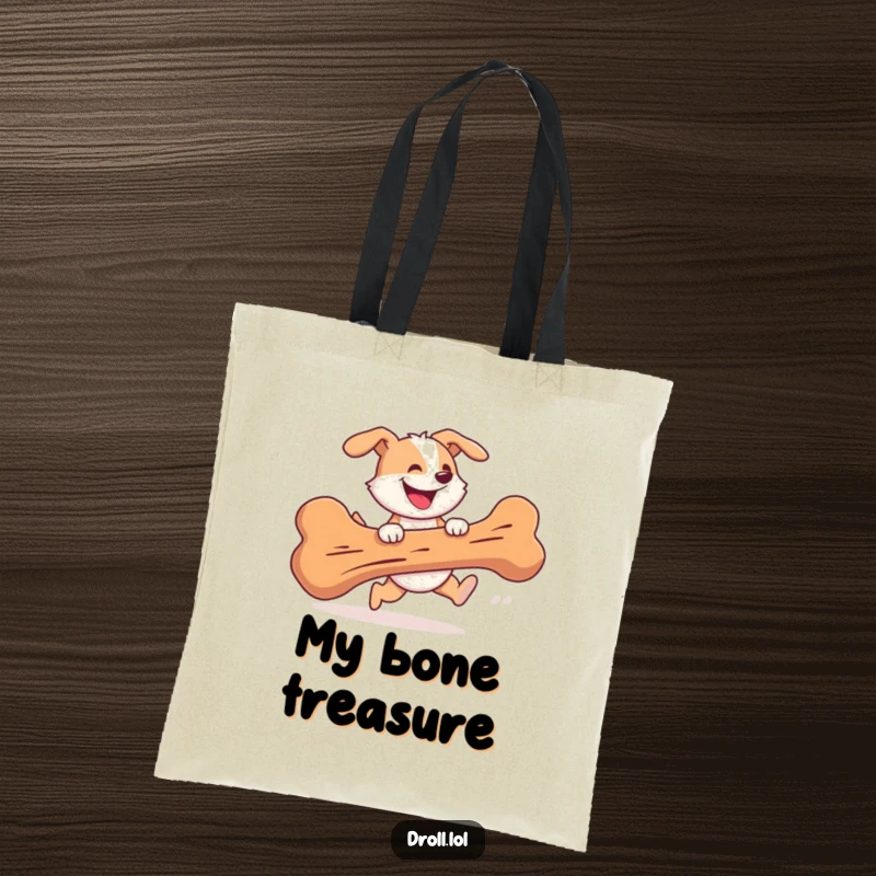 Funny Tote Bag featuring a cheerful dog gleefully chasing a giant, runaway bone with a silly grin.