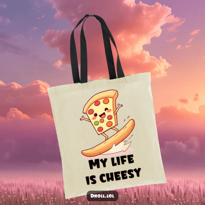 Funny tote bag illustrating a happy pizza slice surfing a giant breadstick, ideal for carrying essentials with a dose of comedy.