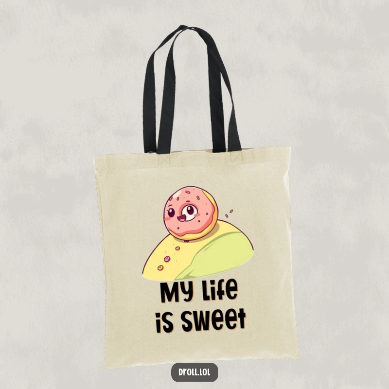 Funny tote bag illustrating a giggling jelly donut rolling down a hill, leaving sugary sweetness, perfect for carrying essentials.