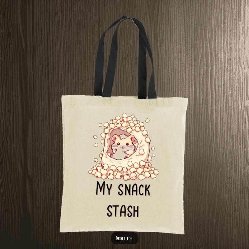 Funny tote bag illustrating a happy hamster blissfully rolling within a giant, overflowing bag of popcorn kernels, celebrating snack indulgence.